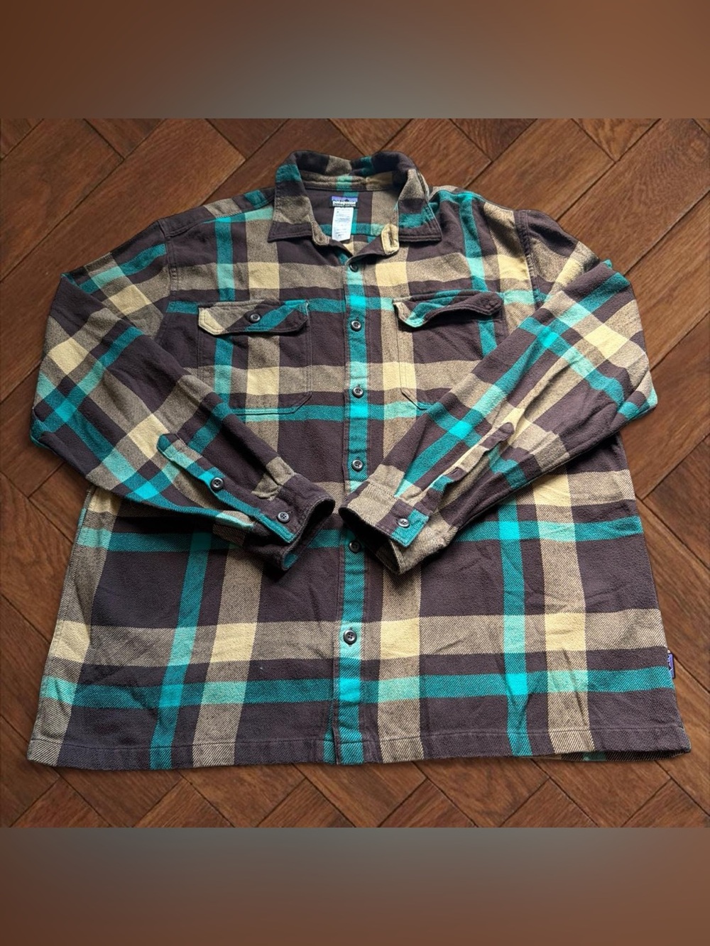 Patagonia Organic Cotton Fjord Flannel Shirt Mens Size L Brown Blue Plaid